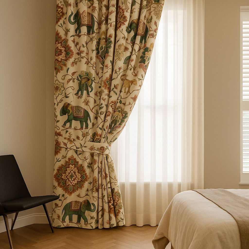 Elephant & Floral Organic Cotton Curtains – Custom Size, Blackout or Cotton Lined, Rod or Track Ready – Set of 2 or Single Panel