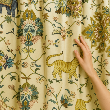 Elephant & Floral Organic Cotton Curtains – Custom Size, Blackout or Cotton Lined, Rod or Track Ready – Set of 2 or Single Panel