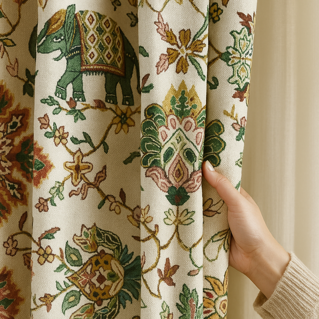 Elephant & Floral Organic Cotton Curtains – Custom Size, Blackout or Cotton Lined, Rod or Track Ready – Set of 2 or Single Panel
