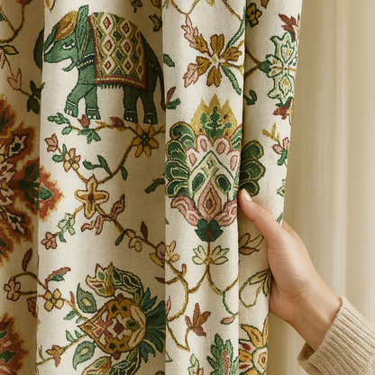 Elephant & Floral Organic Cotton Curtains – Custom Size, Blackout or Cotton Lined, Rod or Track Ready – Set of 2 or Single Panel